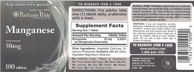 Photo of the Puritan's Pride Premium Manganese 50 mg label