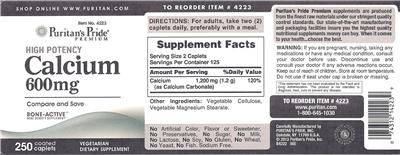 Photo of the Puritan's Pride Premium High Potency Calcium 600 mg label