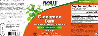 Photo of the NOW Cinnamon Bark 500 mg label