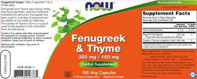 Photo of the NOW Fenugreek & Thyme 350 mg / 150 mg label