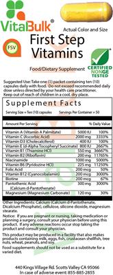 Photo of the VitalBulk First Step Vitamins label
