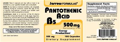 Photo of the Jarrow Formulas Pantothenic Acid B5 500 mg label