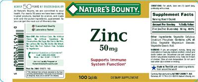 Photo of the Nature's Bounty Zinc 50 mg label
