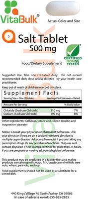 Photo of the VitalBulk Salt Tablet 500 mg label