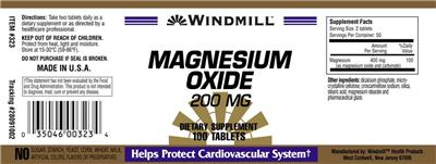 Photo of the Windmill Magnesium Oxide 200 mg label