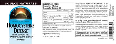 Photo of the Source Naturals Homocysteine Defense label