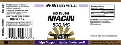 Photo of the Windmill No Flush Niacin 500 mg label