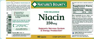 Photo of the Nature's Bounty Time Released Niacin 250 mg label