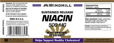 Photo of the Windmill Sustained Release Niacin 500 mg label