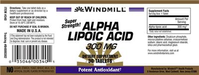 Photo of the Windmill Alpha Lipoic Acid 300 mg label