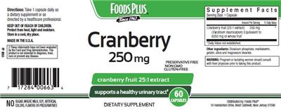 Photo of the Foods Plus Cranberry 250 mg label