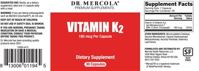 Photo of the Dr. Mercola Vitamin K2 180 mcg label