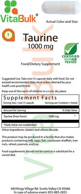 Photo of the VitalBulk Taurine 1000 mg label