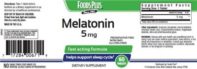 Photo of the Foods Plus Melatonin 5 mg label