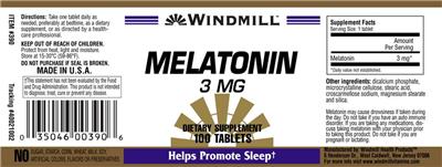 Photo of the Windmill Melatonin 3 mg label