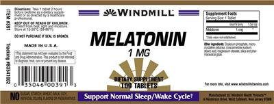 Photo of the Windmill Melatonin 1 mg label