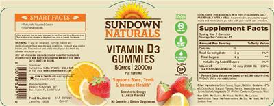 Photo of the Sundown Naturals Vitamin D3 Gummies 50 mcg | 2000 IU label