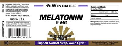 Photo of the Windmill Melatonin 5 mg label
