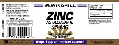Photo of the Windmill Zinc as Gluconate 15 mg label