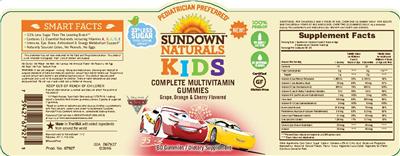 Photo of the Sundown Naturals Kids Complete Multivitamin Disney Pixar Cars Gummies label