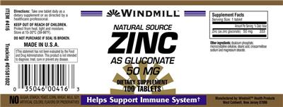 Photo of the Windmill Natural Source Zinc as Gluconate 50 mg label
