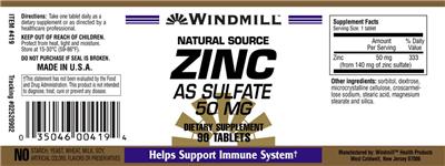 Photo of the Windmill Natural Source Zinc As Sulfate 50 mg label