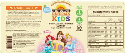 Photo of the Sundown Naturals Kids Complete Multivitamin Disney Princess Gummies label