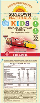 Photo of the Sundown Naturals Kids Complete Multivitamin Disney Pixar Cars Gummies label