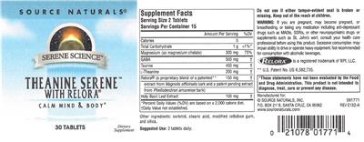 Photo of the Source Naturals Theanine Serene with Relora label
