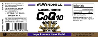 Photo of the Windmill CoQ10 100 mg label