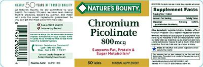 Photo of the Nature's Bounty Chromium Picolinate 800 mcg label