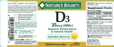 Photo of the Nature's Bounty D3 25 mcg (1000 IU) label