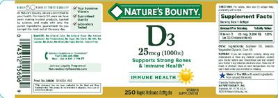 Photo of the Nature's Bounty D3 25 mcg (1000 IU) label
