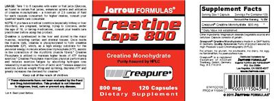 Product label for Creatine Monohydrate Caps 800 mg
