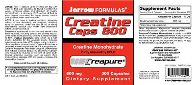 Photo of the Jarrow Formulas Creatine Caps 800 label