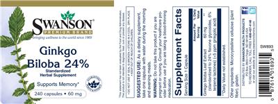 Photo of the Swanson Premium Brand Ginkgo Biloba 24% 60 mg label