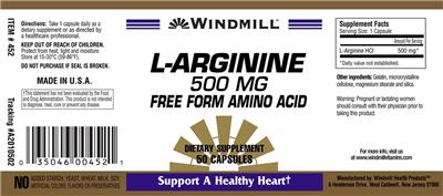 Photo of the Windmill L-Arginine 500 mg label