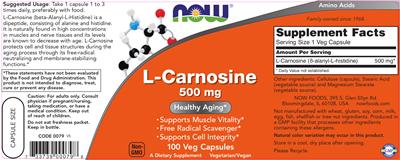 Photo of the NOW L-Carnosine 500 mg label