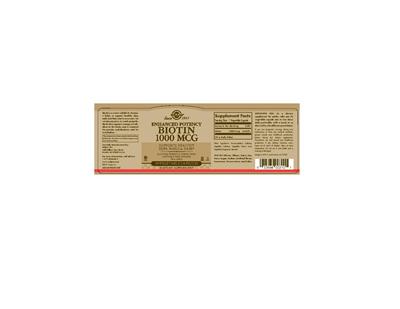 Photo of the Solgar Enhanced Potency Biotin 1000 mcg label