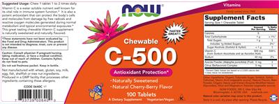 Photo of the NOW Chewable C-500 Natural Cherry-Berry Flavor label