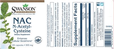 Photo of the Swanson Premium Brand NAC N-Acetyl-Cysteine 600 mg label
