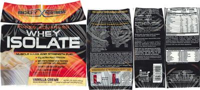 Photo of the Body Fortress Super Advanced Whey Isolate Vanilla Creme label