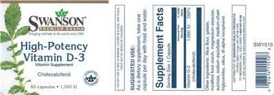 Photo of the Swanson Premium Brand High-Potency Vitamin D-3 1,000 IU label