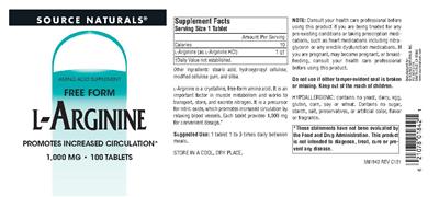 Photo of the Source Naturals L-Arginine 1,000 mg label