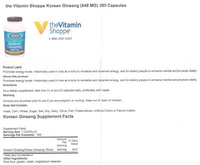 Photo of the The Vitamin Shoppe Korean Ginseng 648 mg label