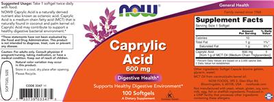 Photo of the NOW Caprylic Acid 600 mg label