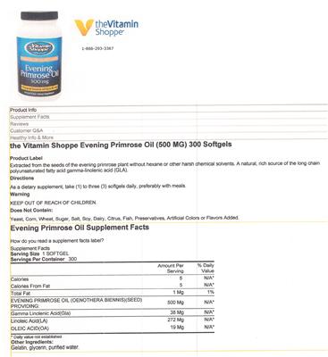Photo of the The Vitamin Shoppe Evening Primrose Oil 500 mg label