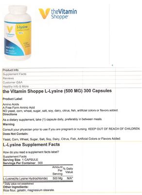 Photo of the The Vitamin Shoppe L-Lysine 500 mg label
