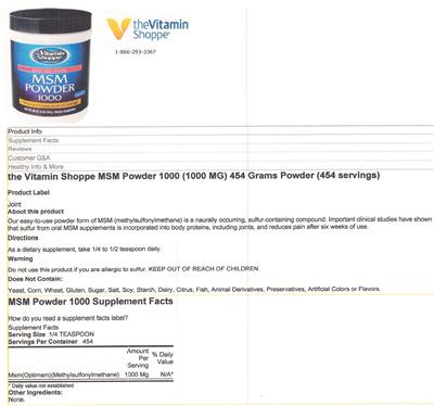 Photo of the The Vitamin Shoppe MSM Powder 1000 mg label