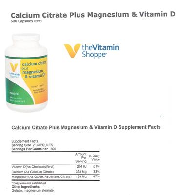 Photo of the The Vitamin Shoppe Calcium Citrate Plus Magnesium & Vitamin D label